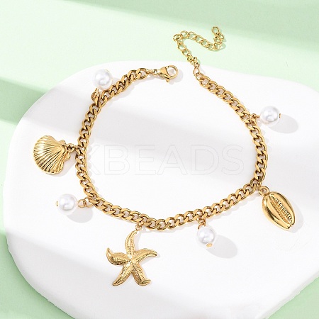 Starfish & Shell Shape 304 Stainless Steel Charm Bracelets BJEW-F519-02B-G-1