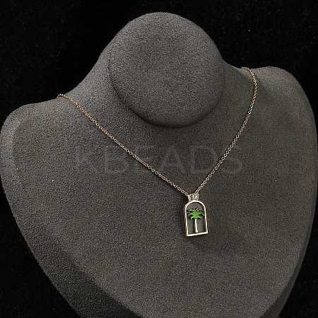 Arch with Coconut Tree Brass Enamel Pendant Necklaces NJEW-H051-03G-1