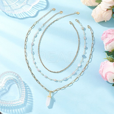 Natural Rose Quartz Double Terminated Pointed Bullet Pendant 304 Stainless Steel & Brass Chain 3 Layer Necklaces for Women NJEW-JN05477-04-1