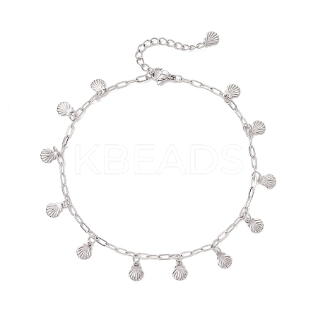 304 Stainless Steel Shell Shape Tassle Paperclip Chain Anklets AJEW-AN00752-1