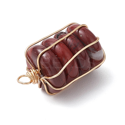 Natural Red Rainbow Jasper/Natural Tiger Eye/Natural Unakite/Natural Blue Spot Jasper/Opalite Copper Wire Wrapped Column Pendants PALLOY-JF02974-1
