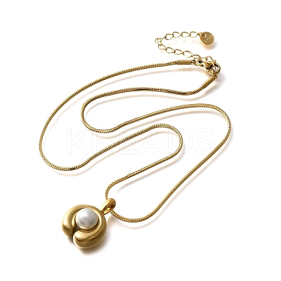 304 Stainless Steel Pave Shell Pearl Flat Round Pendant Necklaces for Women NJEW-U031-02G-1