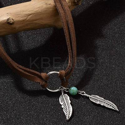 Bohemian Style Alloy Feather with Synthetic Turquoise Pendant Choker Necklaces for Women LS-NJEW-G158-01B-1