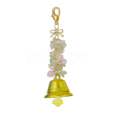 Natural Quartz Crystal & Prehnite Chips & Alloy Bowknot Kcychain HJEW-JM01313-01-1