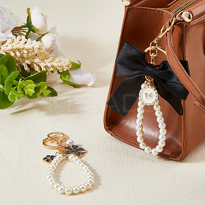 4Pcs 2 Styles Alloy Enamel Flower & Cloth Bowknot Pendant Keychains AJEW-HS0001-25B-1