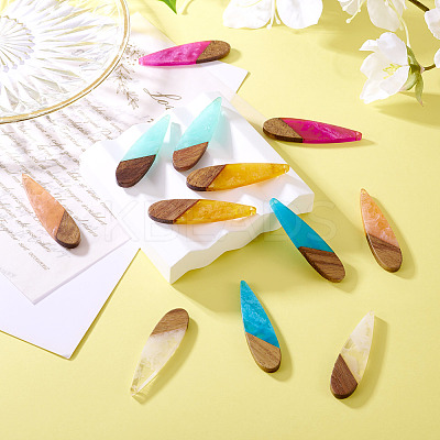 12Pcs 6 Colors Transparent Resin & Walnut Wood Big Pendants RESI-TA0003-45-1