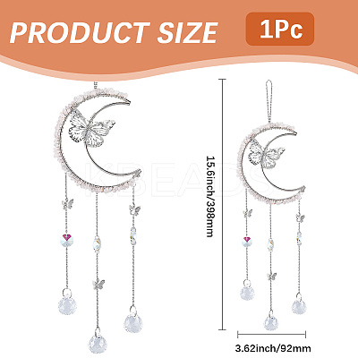 Natural Rose Quartz Chips & Metal Moon Butterfly Hanging Ornaments AJEW-WH20080-03A-1