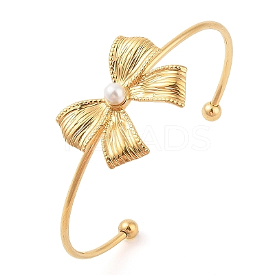 Bowknot 304 Stainless Steel Pave Shell Pearl Open Cuff Torque Bangles for Women BJEW-Z070-03G-1