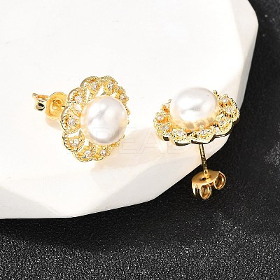 Flower Brass Micro Pave Clear Cubic Zirconia Stud Earrings EJEW-A135-24G-1