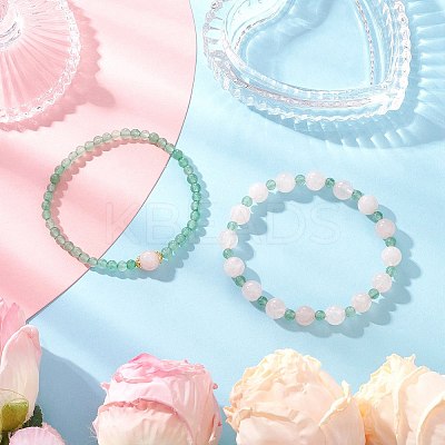 2Pcs Natural Green Aventurine & Rose Quartz Round Beaded Stretch Bracelets for Women BJEW-JB11926-1