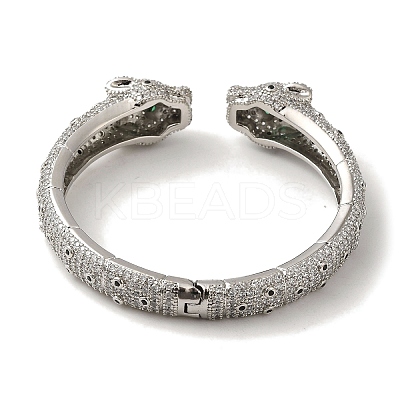 Brass Pave Clear & Green Cubic Zirconia Leopard Open Cuff Bangle for Women BJEW-K246-20F-P-1