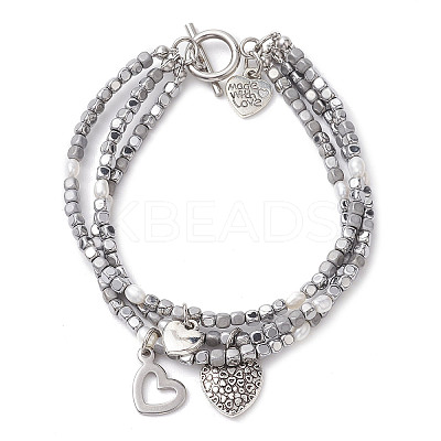 Cube Electroplated Synthetic Non-magnetic Hematite & Natural Pearl Multi-strand Beaded Bracelets BJEW-JB10571-1