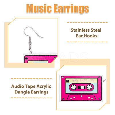 4 Pairs 4 Colors Acrylic Audio Tape Shape Dangle Earrings with 304 Stainless Steel Pins for Women EJEW-FI0003-26-1