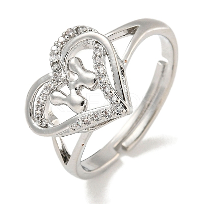 Heart with Letter Rack Plating Brass Micro Pave Clear Cubic Zirconia Adjustable Rings for Women RJEW-I105-01P-W-1