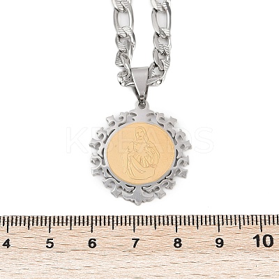 Flat Round with Virgin Pattern 201 Stainless Steel Pendant Necklaces for Men Women NJEW-K283-20G-1