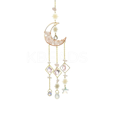 Natural  Rose Quartz Chips Moon Pendant Decorations HJEW-FS00027-04-1