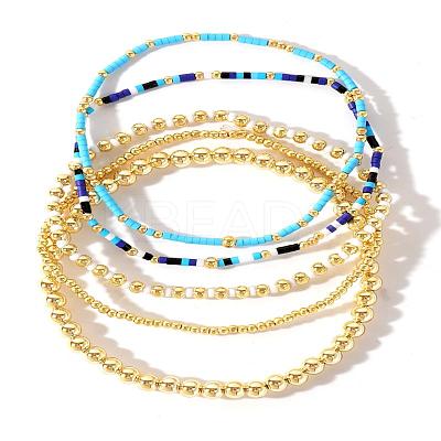 5Pcs 5 Styles Round Brass & Column Glass Seed Beads Stretch Bracelets YH8018-5-1