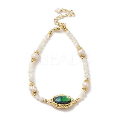 Natural Paua Shell Oval Link Bracelet with Pearl Beaded BJEW-C051-37G-1