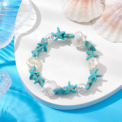 Synthetic Turquoise & ABS Plastic Imitation Pearl Beaded Stretch Bracelets BJEW-JB10567-1