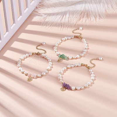 Gemstone Chips & Pearl Beaded Bracelet BJEW-JB08236-1