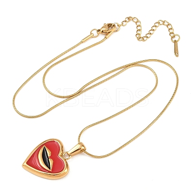304 Stainless Steel Enamel Red Heart with Lip Pendant Necklaces NJEW-H088-03G-1