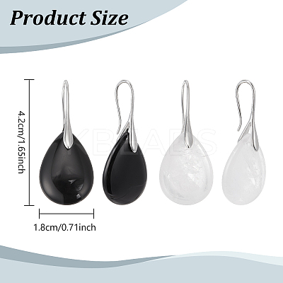 2 Pairs 2 Style Natural Quartz Crystal & Dyed & Heated Black Agate Teardrop Dangle Earrings with Brass Pins for Women EJEW-AN0004-41-1