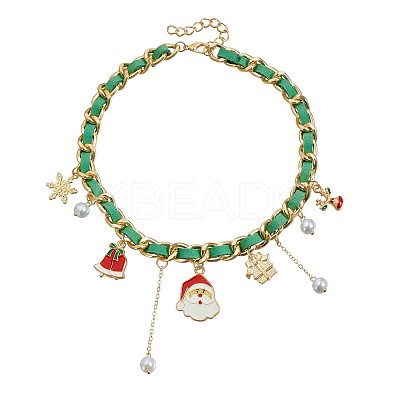 Christmas Alloy Enamel Santa Claus Christmas Bell Gift Box Pendant PU Leather Cord Bib Necklaces for Women FS-WG9C2A3-03-1