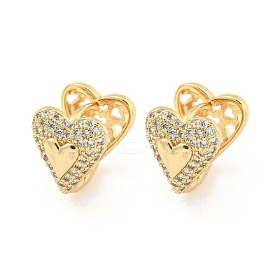 Heart Brass Pave Clear Cubic Zirconia Hoop Earrings EJEW-M258-22G-1