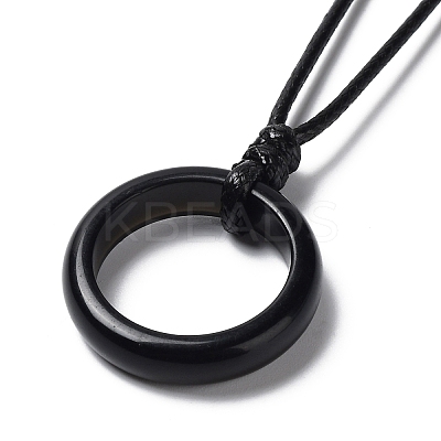 Natural Obsidian Ring Pendant Necklace with Waxed Cords NJEW-R262-01A-10-1