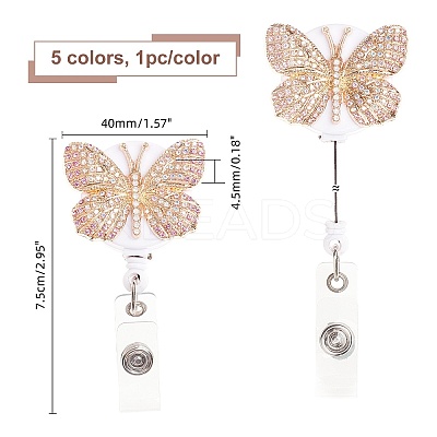 5 Pcs 5 Colors Butterfly Rhinestone Badge Reel AJEW-CA0001-27-1
