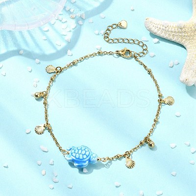 304 Stainless Steel Satellite Chain Dyed Synthetic Turquoise Blue Turtle Link Summer Beach Anklets for Women AJEW-AN00802-1