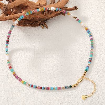 1Pc Rondelle Natural Agate & Pearl & Brass Beaded Necklaces for Women NJEW-SZ0001-69-1