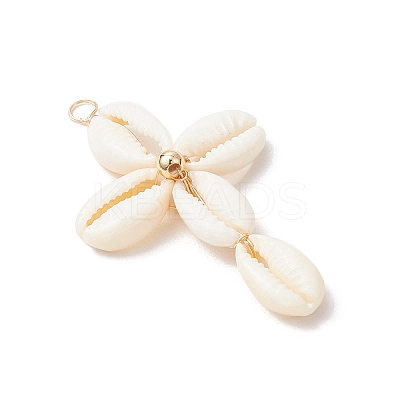 2Pcs 2 Colors Natural Cowrie Shell Beaded Cross Pendants PALLOY-JF03938-1