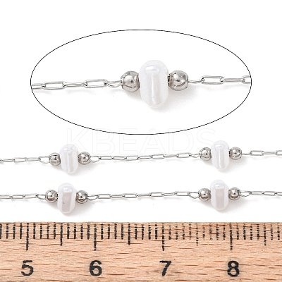 304 Stainless Steel Round Bead & ABS Plastic Pearl Heart Bead Cable Chains CHS-G048-08P-1
