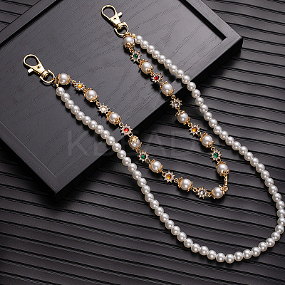 1Pc Plastic Imitation Pearl Round Beaded Alloy Rhinestone Link Chain Double Layered Chain Belts for Pants AJEW-CP0009-84-1