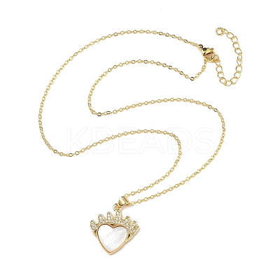 Brass Micro Pave Clear Cubic Zirconia & Natural White Shell Crown Heart Pendant Necklaces for Women NJEW-R027-02G-1