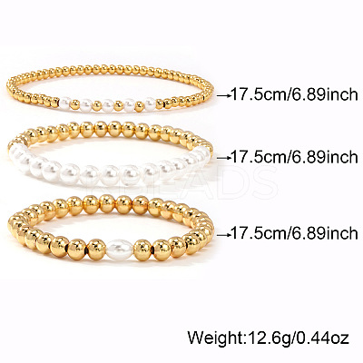 3Pcs 3 Styles Brass & Plastic Imitation Pearl Round Beads Stretch Bracelets for Women TJ3268-1-1