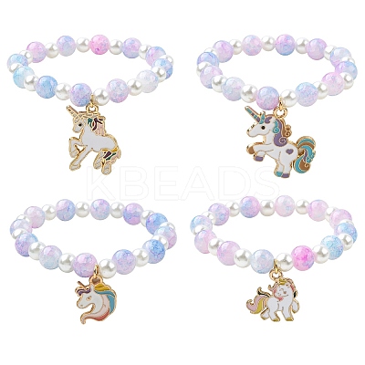 Glass Beaded Stretch Bracelet with Alloy Enamel Unicorn Charm for Kids BJEW-JB09555-1