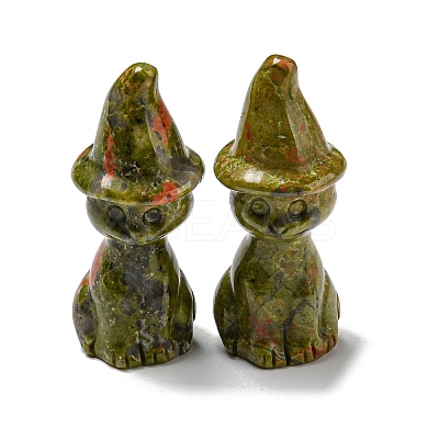 Natural Unakite Carved Healing Cat with Witch Hat Figurines DJEW-D012-07H-1