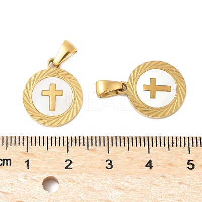304 Stainless Steel Pave Natural White Shell Flat Round Pendant Necklaces STAS-R168-23G-01-1