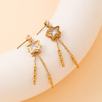 Elegant 201 Stainless Steel & Clear Cubic Zirconia Star Tassel Stud Earrings FR2560-1-1