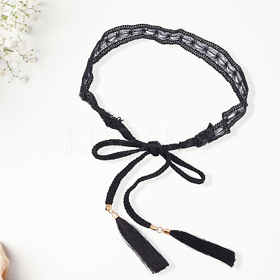 1Pc Cotton and Linen Flower Lace Tassel Waist Belly Belts AJEW-GF0012-32C-1