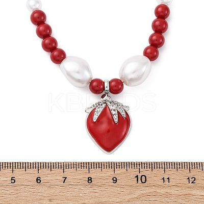 Strawberry Brass Micro Pave Clear Cubic Zirconia Red Enamel Pendant Necklaces for Women NJEW-G162-04P-1