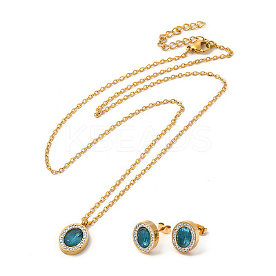Dark Cyan Cuibc Zirconia Oval Stud Earring & Pendant Nacklace with Crystal Rhinestone SJEW-P002-08G-1