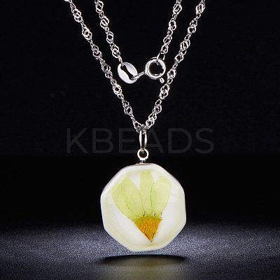 Rhodium Plated 925 Sterling Silver Octagon Porcelain Pendant Necklaces JN368A-1