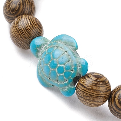 Natural Wood Round & Synthetic Turquoise Turtle Beaded Stretch Bracelet for Women BJEW-JB09699-06-1
