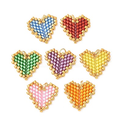 Handmade Glass Seed Beaded Heart Charms PALLOY-MZ00609-1