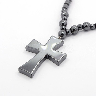Trendy Unisex Holly Jewelry Grade A Non-Magnetic Synthetic Hematite Beaded Cross Pendant Necklaces NJEW-M013-04-1