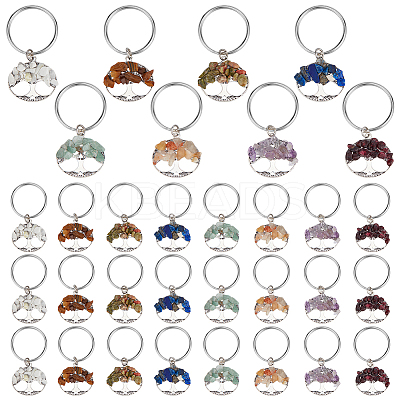 32 Pcs 8 Colors Natural Gemstone Tree of Life Keychains KEYC-PH01571-1