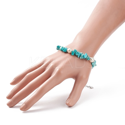 Synthetic Turquoise(Dyed) Chips & Imitation Pearl Beaded Bracelet with Alloy Turtle Charm BJEW-TA00145-1